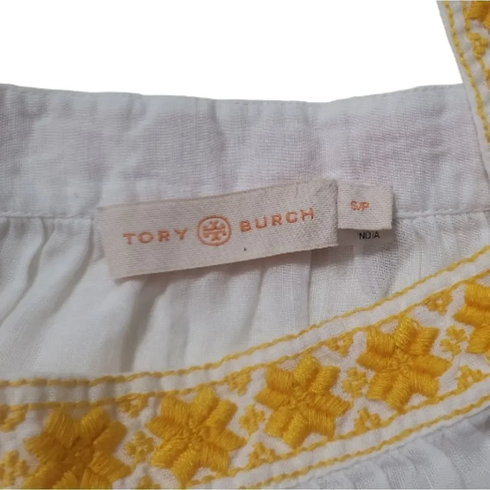 TORY BURCH Ruffle-Trimmed Embroidered Linen and Cotton-Blend Mini Dress Size‎ S